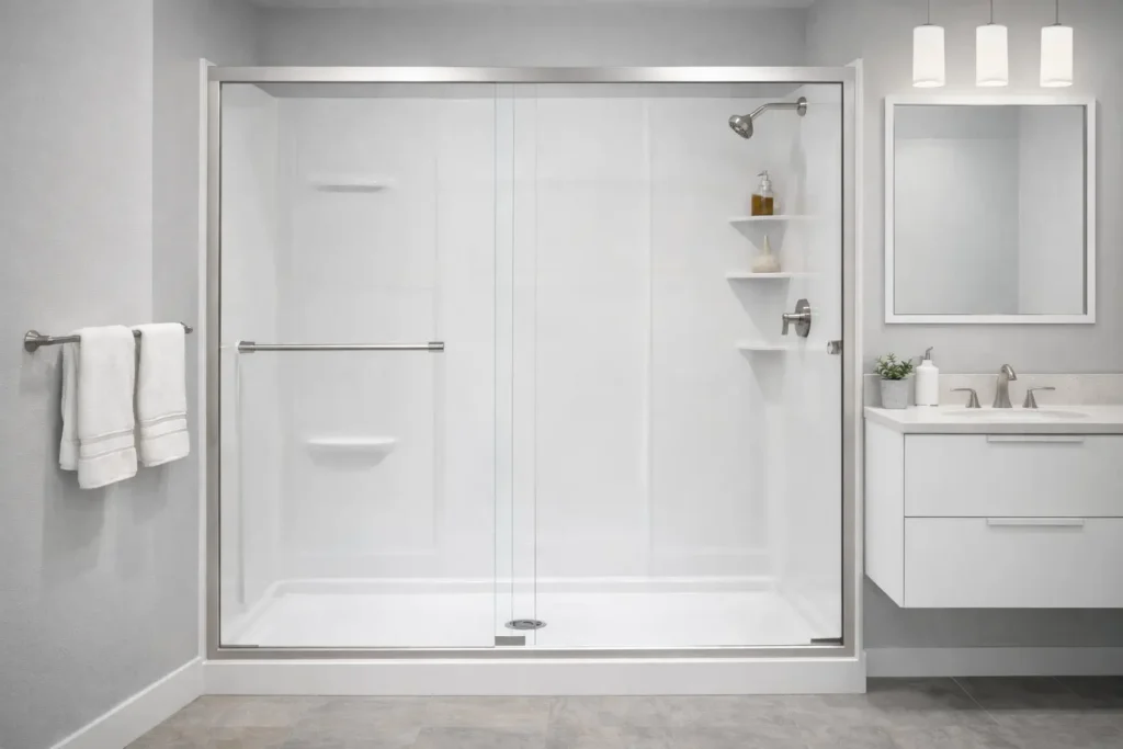 Affordable prefabricated shower system installation in Sacramento with modern white acrylic panels and glass enclosure