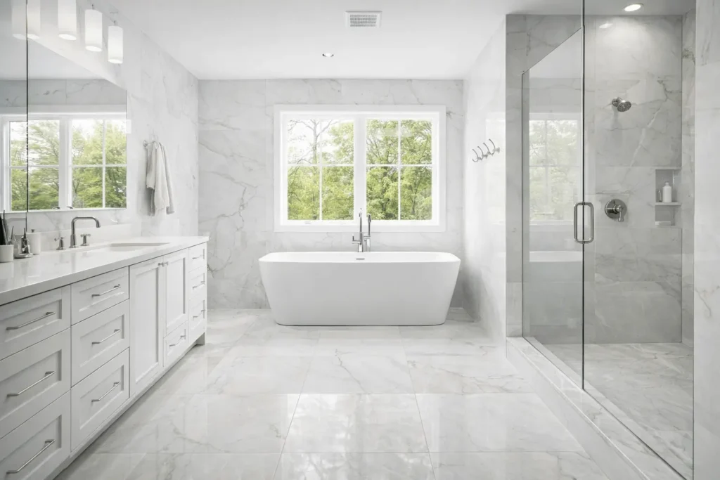 Premium bathroom tile installation in Sacramento with large-format tiles and thin grout lines
