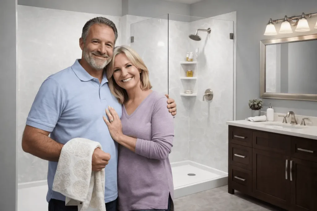 Acrylic wall panel shower installation as part of a bathroom remodel in Sacramento, featuring smooth waterproof panels and a modern walk-in shower design