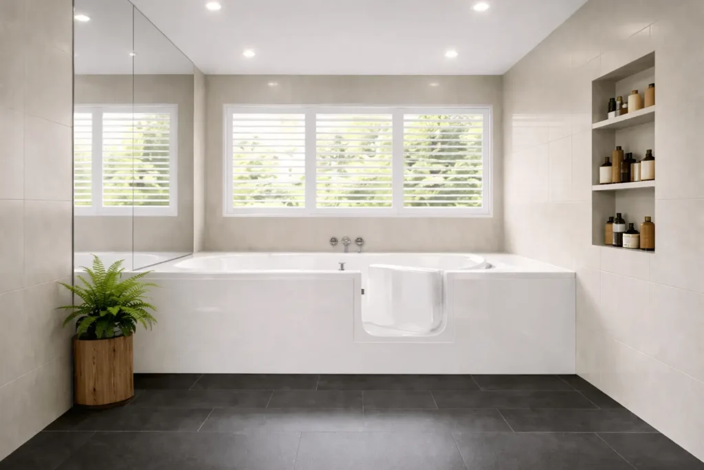 Walk-in bathtub installation in Sacramento featuring a wall-to-wall acrylic tub with door, large beige wall tiles, expanded window with shutters, wall-mounted faucets, graphite floor tile, right-side towel warmer, floor-to-ceiling mirror, built-in shelves, and a wood-planter fern