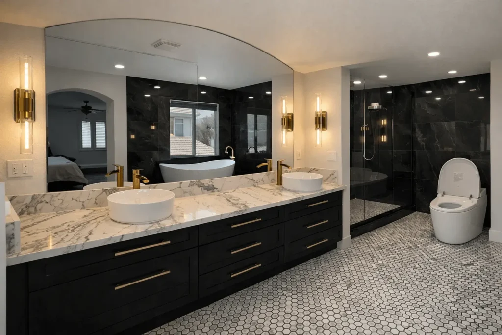 Modern master bathroom remodeling project by IDBSAC.com contractors in Sacramento with double vanity, marble countertop, and walk-in shower